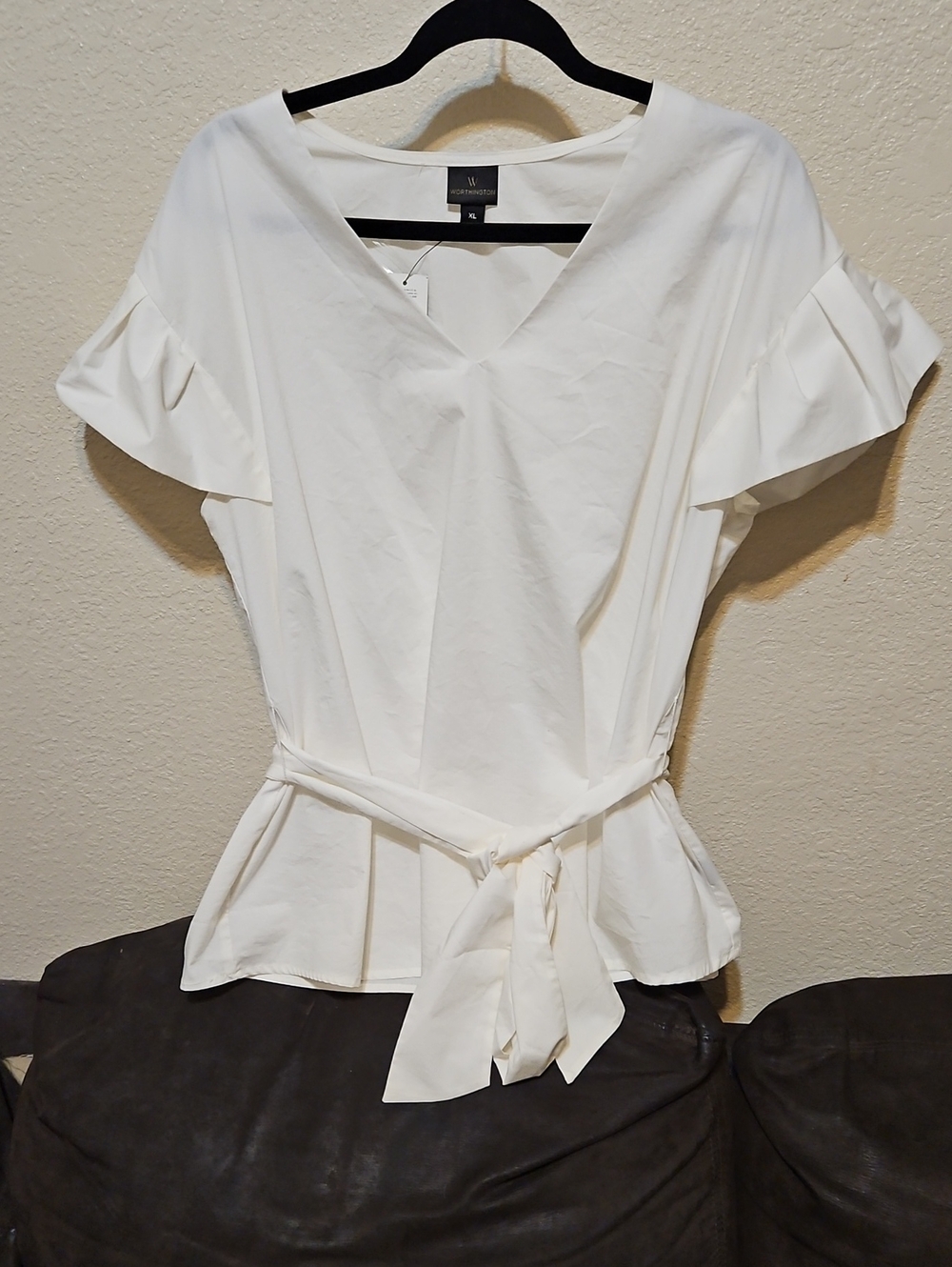 Worthington Cream V-Neck Tie-Waist Blouse with Flutter Sleeves